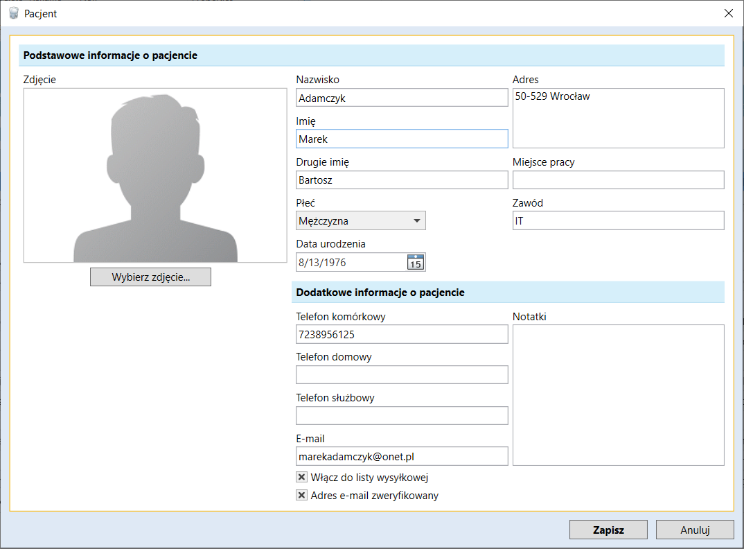 Szczegółowa cyfrowa karta pacjenta z historią leczenia